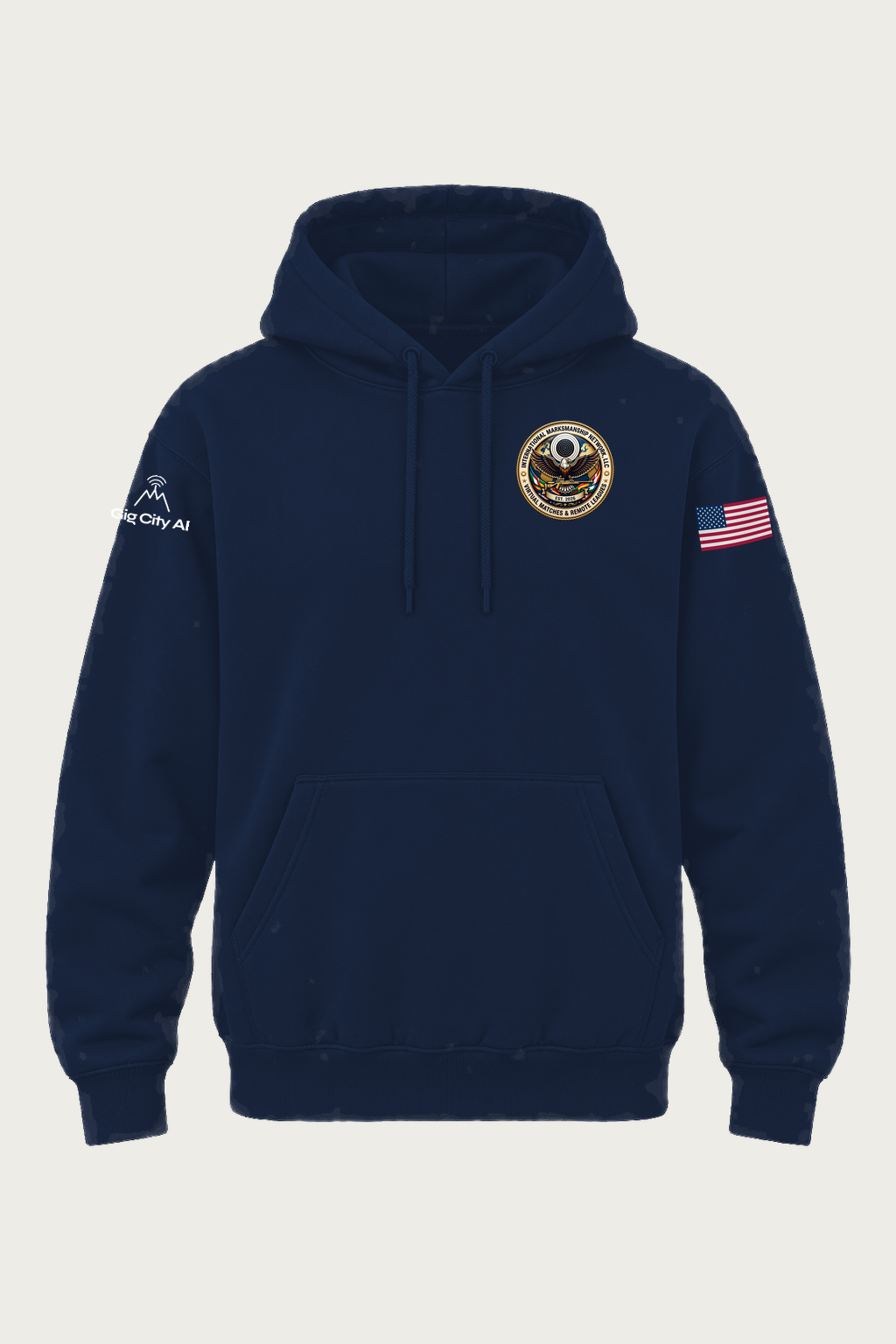 IMN Hoodie front with IMN chest seal